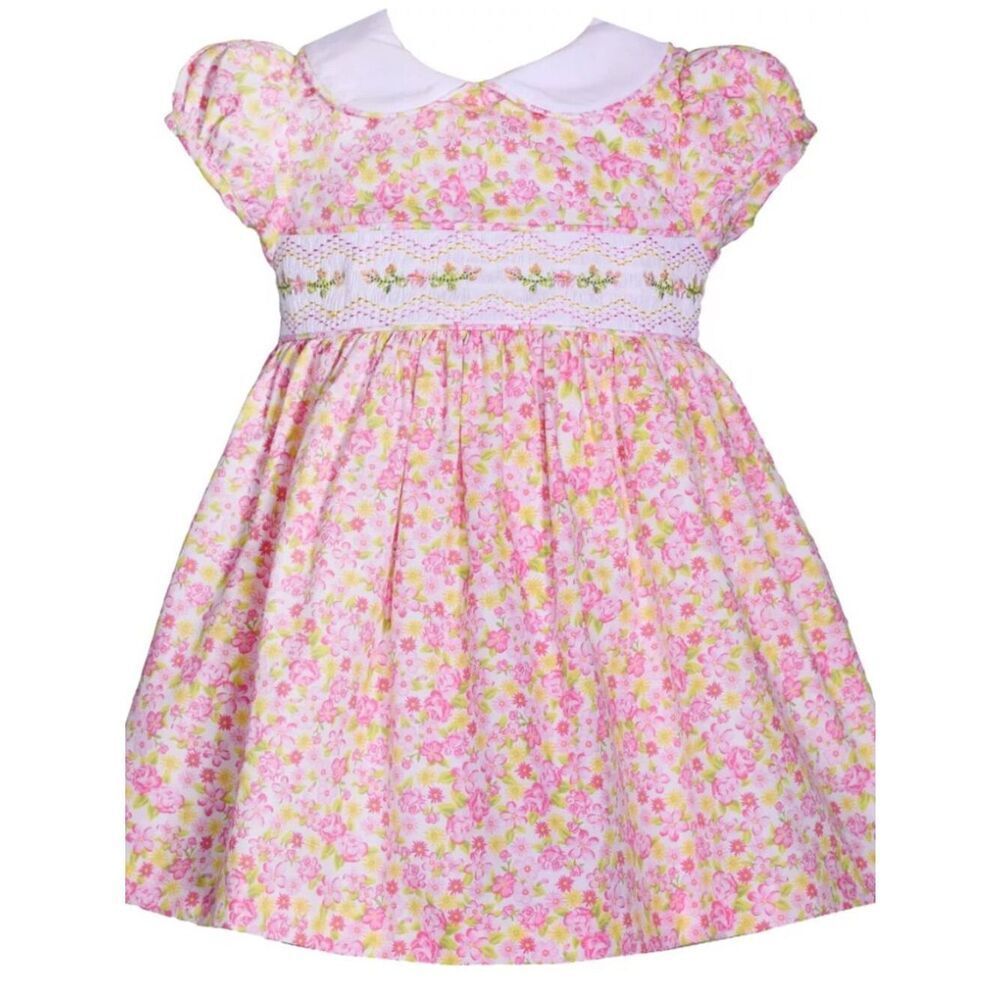 Bonnie Jean Pink floral smocked embroidered dress New With Tags